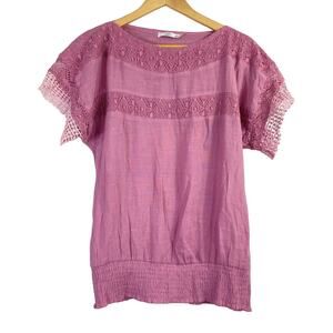 Solitaire By Ravi Khosla Blouse Top women Sz L Pink Gauze Crinkle Lace Boho